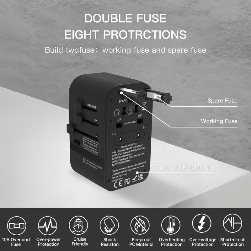 HAPOW Voltage Converter Universal Travel Adapter, PD20W International Power Adapter,Fast Charging Travel Charger, All in One Worldwide Travel Plug Adapter, Outlet Adapter for EU UK USA AU, Black - Image 4